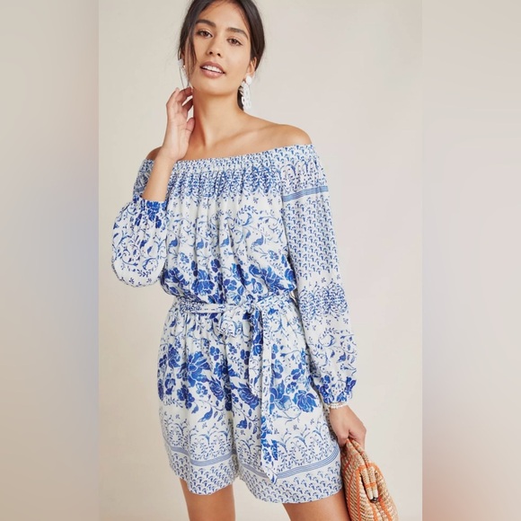 Anthropologie Pants - Anthropologie Women's Clemente Off the Shoulder Floral Romper Blue XSmall